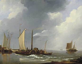 The Stea, Ferry at the Moerdijk label QS:Len,"The Stea, Ferry at the Moerdijk" label QS:Lnl,"De veerstoomboot bij de Moerdijk" . 1823. oil on panelmedium QS:P186,Q296955;P186,Q106857709,P518,Q861259. 40 × 54.5 cm (15.7 × 21.4 in). Rotterdam, Museum Boijmans Van Beuningen.