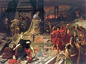 Représentation du grand incendie de Rome, avec au premier plan Néron et en arrière-plan les ruines de la ville en flammes, d'après un tableau de Karl Theodor von Piloty (vers 1861).