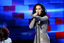 Katy Perry appeared during the final night of the convention, performing "Rise" and "Roar" with lightly modified lyrics voicing support for Hillary Clinton. Katy Perry DNC July 2016.jpg