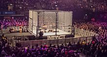 Chain-link, steel cage as used in an Impact Wrestling professional wrestling match Kenny King vs. Zema Ion - Dark Match.jpg