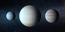 Artist's depiction of the relative sizes of the three planets in the Kepler-47 system. From the left: Kepler-47b; Kepler-47d; and Kepler-47c. Kepler-47 Artist-Impression 20190416.jpg