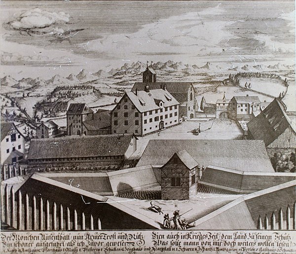 Rüti Monastery respectively the so-called Amt Rüti around 1740, as seen from the Schanz bulwark, the present Rüti Reformed Church is situated in the b