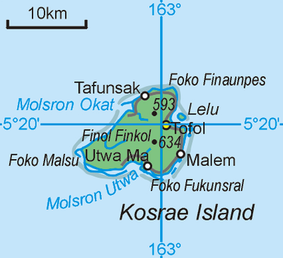 Map of Kosrae State. Tofol is shown in yellow. Kosrae.png