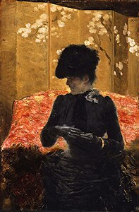 634 Woman on the red sofa label QS:Len,"Woman on the red sofa" label QS:Lfr,"Dame au divan rouge" 1876