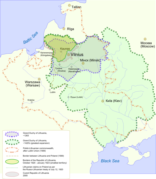 Kart som viser endringene i Litauens territorier fra 1200-tallet til moderne tid.