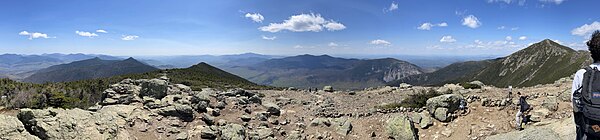 Little Haystack Mountain panorama, looking west. Mount Lafayette and Mount Lincoln are visible at right, with Mount Liberty and Mount Flume visible at left. Little Haystack Panorama.jpg