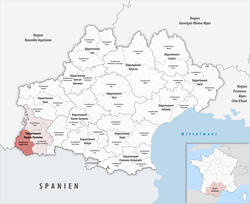 Argelès-Gazost arrondissementinin Oksitanya'daki konumu
