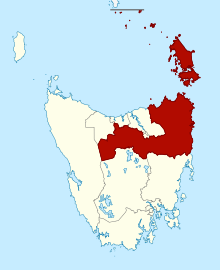 Tasmaniya qonunchilik kengashi bo'linmalarining xaritasi, qizil rangda ta'kidlangan McIntyre.