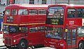 A heritage route 9 Routemaster alongside a VLE class in Trafalgar square - the RM has already finished its journey, the VLE is continuing to Aldwych (13 June 2011)