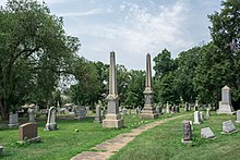 Curving paths, trees, and landscaping are typical of Prospect Hill Cemetery's "garden cemetery" design. Looking NW from section Circle-Left South - Prospect Hill Cemetery - 2014.jpg