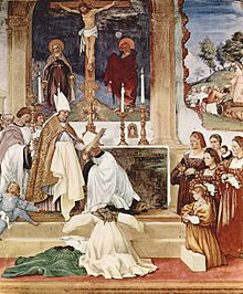 Invocative prayers said by a Catholic bishop. Fresco by Italian Artist Lorenzo Lotto, Suardi, Italy, c. 1524. Lorenzo Lotto 019.jpg