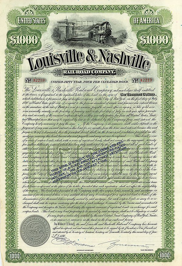 Gold Bond of the Louisville & Nashville Railroad Company, issued 2. June 1890