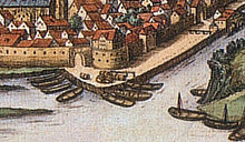 Boote an der Bremer Schlagd, mittig das Alte Sydekum (1584)