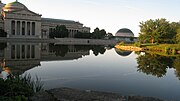 The Museum of Science and Industry, housed in the former Palace of Fine Arts from the 1893 World's Columbian Exposition, as seen from the northern edge of Jackson Park.