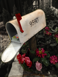 a metal box on a post, oblong in plan and with an arched roof, with a flap opening downwards at one end and a red flag which can be hinged to a vertical position: the classic United States mailbox design