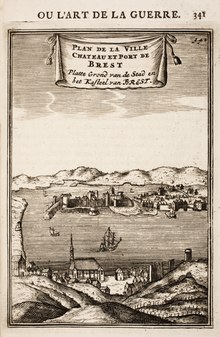 Gravure met afbeelding van de ingang van de haven, de dokken en de boten, gezien vanuit het zuiden van de stad.