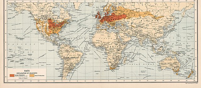 Мировая карта выращивания овса, 1907 г.