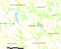 Carte de la commune de Génébrières et de ses proches communes.