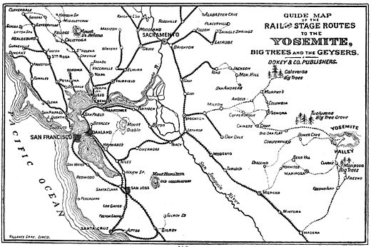 Kaart van de spoorwegen en postkoetsroutes richting Yosemite, anno 1885. Klik om te vergroten.