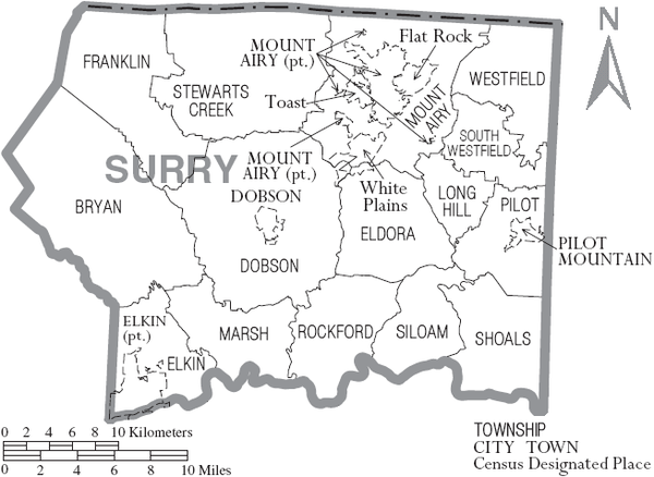 Map of Surry County, North Carolina With Municipal and Township Labels