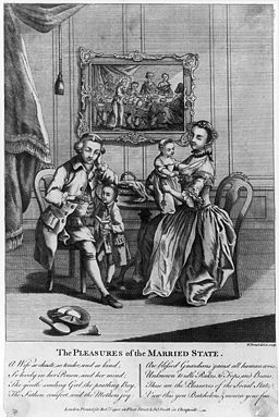 A father teaches his son reading, while his wife holds their daughter. Caption reads: The Pleasures of the Married State and contains a poem.