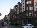 Group of six tenement houses in a closed row, No. 6 and 8 were apartments by Walter Pintus, Sara Ottenheimer, Jakob and Klara Greilsamer