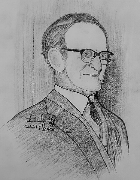 A pencil sketch of Maxwell Fry