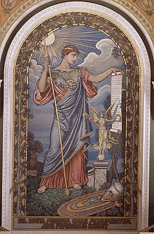 Mosaic of Minerva by Elihu Vedder (Thomas Jefferson Building). Beneath the mosaic is an inscription from Ars Poetica: "Nil invita Minerva, quae monumentum aere perennius exegit" ("Not unwilling, Minerva raises a monument more lasting than bronze"). Minerva-Vedder-Highsmith.jpeg