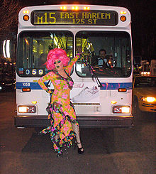 Miss Understood stops an M15 bus in front of the Lucky Cheng's restaurant at 2nd Street on First Avenue. Miss Understood 7 by David Shankbone.jpg