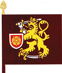 Finnish National Defence University: Finnish lion carrying a shield with the heraldic rose, the Finnish officers' rank insignia