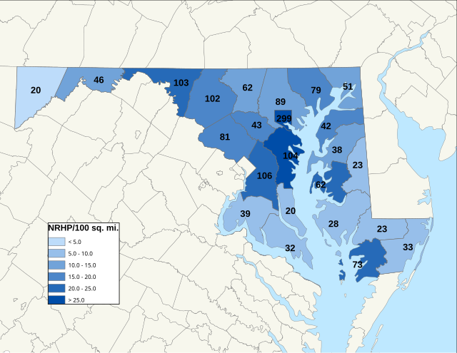 Distribuição de NRHPs nos condados de Maryland