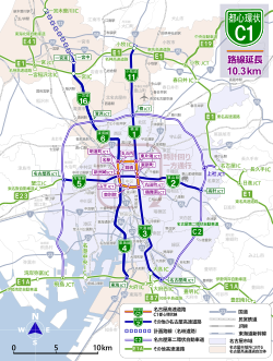 名古屋高速と周辺有料道路のルート図。中央部のC1が都心環状線。