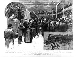 A woodcut image of Nellie Bly's homecoming reception in Jersey City printed in Frank Leslie's Illustrated News on February 8, 1890. Nellie Bly Reception 1890.jpg