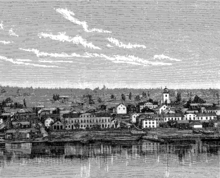 Östersund in the mid-19th century, the church in the picture was the first church in Östersund. When the houses were smaller it dominated the cityscape.