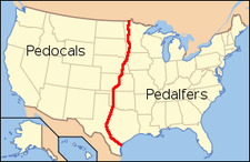 Marbut's Pedocal/Pedalfer boundary lies near the 98 meridian and 30 inches annual precipitation. (after Marbut, 1935) Pedocalpedalfer bdy.png