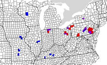 Shpërndarja e gjuhës gjermane të Pensilvanisë në Shtetet e Bashkuara. Qarqet blu janë 20 qarqet me përqindjen më të lartë të Penna. Folësit gjermanë, qarqet e kuqe janë 20 qarqet me numrin më të madh të penës. Folës gjermanë. (Qarqet e purpurta janë të dyja të kuqe dhe blu