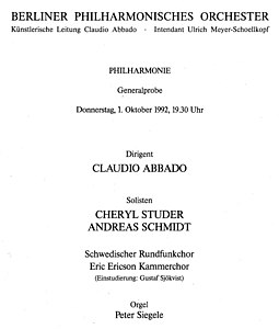 Handzettel zu einer Generalprobe mit dem Berliner Philharmonischen Orchester, 1. Oktober 1992