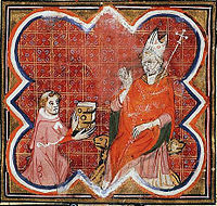 Petrus Comestor (d. c. 1178) presents his Historia scholastica to Archbishop Guillaume of Sens. From a Bible Historiale of 1370-80, which mixed sections of the Historia with sections of the Vulgate Bible