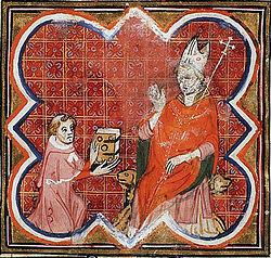 Petrus Comestor (d. c. 1178) presents his Historia scholastica to Archbishop Guillaume of Sens. From a Bible Historiale of 1370-80, which mixed sections of the Historia with sections of the Vulgate Bible