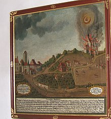 Pfullendorf, Maria Schray: Bild mit der Geschichte der Wallfahrtskirche: Im Juli 1632 wurde die Kirche und das Mesnerhaus nebenan von den auf Pfullendorf anmarschierenden Schweden in Brand gesteckt