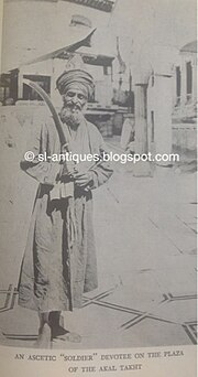 Thumbnail for File:Photogravure of an Akali-Nihang Sikh in the plaza of the Akal Takht within the Golden Temple complex in Amritsar, ca.1910's.jpg