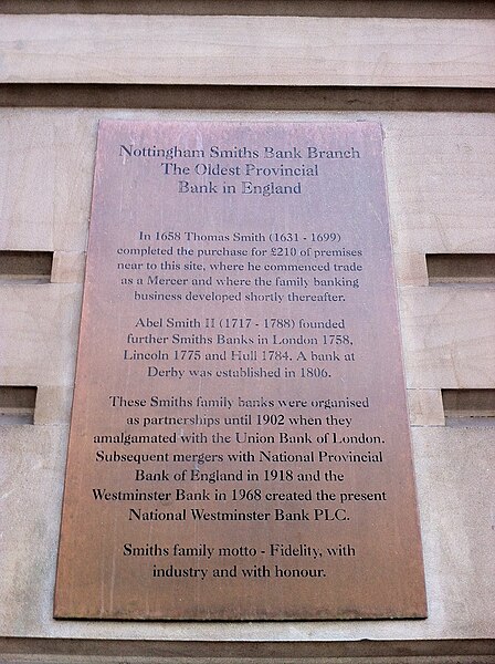 Plaque on Smith's Bank in Nottingham