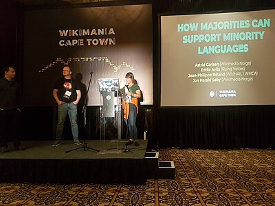 Jean-Philippe Béland from Wikimedia Canada, Jon Harald Søby and Astrid Carlsen from Wikimedia Norge giving a presentation at Wikimania 2018 on How majorities can support minority languages: examples from Norway, South America and Canada