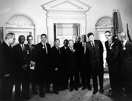 Kennedy and Johnson with organizers of the "March on Washington" at the White House on August 28, 1963