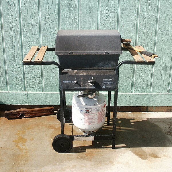 A single-burner propane gas grill that conforms to the cart grill design common among gas grills