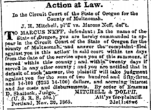 The contested newspaper notice in the Pacific Christian Advocate. Note the summons authorized by Judge Erasmus D. Shattuck. PvN Newspaper.png