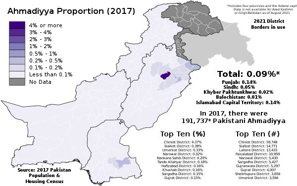 Ahmadiyya Proportion of each Pakistani District in 2017 according to the Pakistan Bureau of Statistics