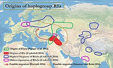 R1a origins (Underhill 2010); R1a migration to Eastern Europe; R1a1a diversification (Pamjav 2012); and R1a1a oldest expansion and highest frequency (Underhill 2014) R1a origins (Underhill 2010) and R1a1a oldest expansion and highest frequency (2014).jpg