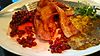 Raggmunk: Potato, wheat pancake with fried pork belly and lingonberries