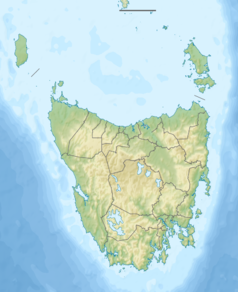 Mapa konturowa Tasmanii, blisko dolnej krawiędzi nieco na prawo znajduje się punkt z opisem „Friars”